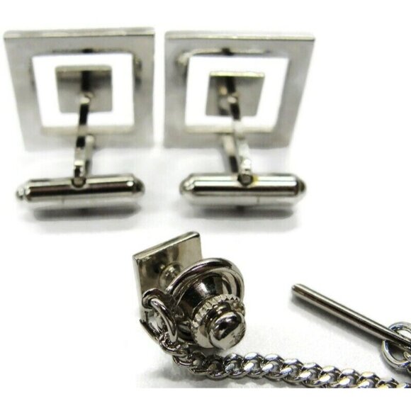 Cufflinks Tie Tac Set Floating Square Silver Tone Tux Suit Vintage - Picture 7 of 8